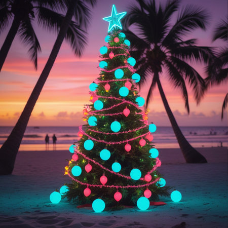 Christmas tree on the beach with palm trees and blue and pink lightsの素材