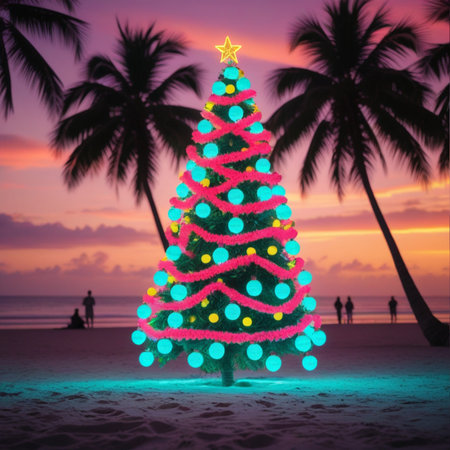 Christmas tree on the beach at sunset with palm trees and colorful lightsの素材