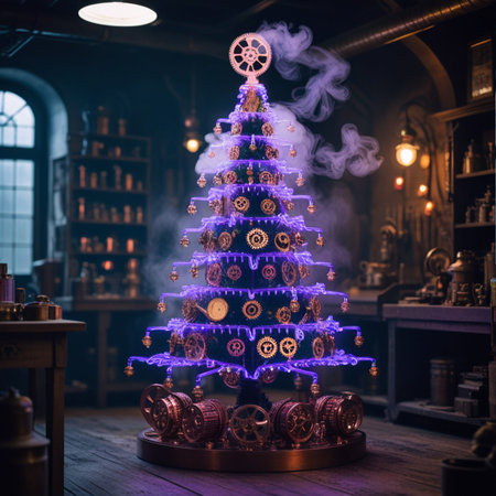 Christmas tree made of christmas toys on wooden table in dark roomの素材