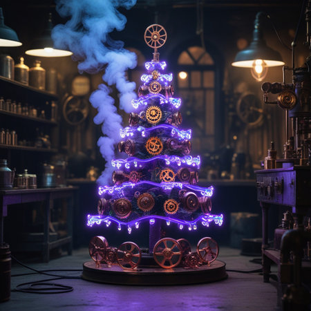 Christmas tree made of wooden toys on a dark background. Decorated Christmas tree.の素材