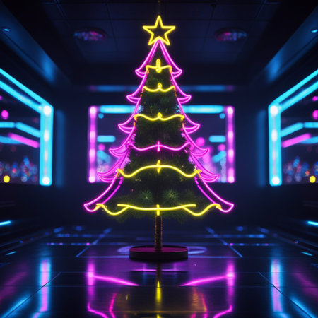 3D rendering of a neon Christmas tree in a dark room with lightsの素材