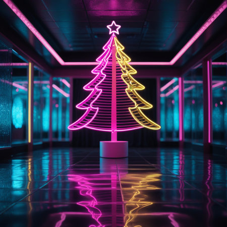 3d illustration of neon christmas tree in dark corridor with reflectionsの素材