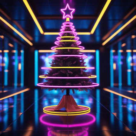 3d rendering christmas tree with neon lights in the dark roomの素材