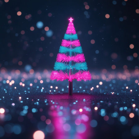 Christmas tree on bokeh background. 3d render illustration.の素材