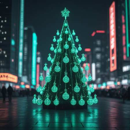 3D rendering of a Christmas tree on a city street at nightの素材