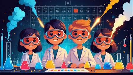 Vector illustration of children in science class. Boys and girls in chemical laboratory, chemistry, biology, medicine, research.の素材