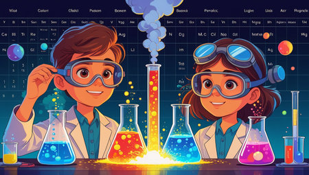Scientist boy and girl working in chemical laboratory. Vector science illustrationの素材