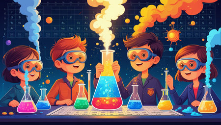Scientist kids in chemical laboratory. Cartoon vector illustration of children doing science experiments with flasksの素材