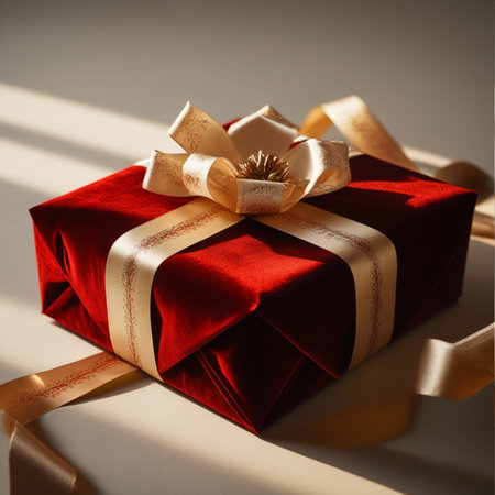 Red gift box with golden bow and ribbon on a white background.の素材