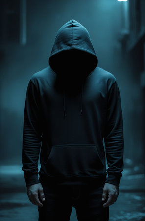 Man in a black hoodie with a hood standing in the darkの素材