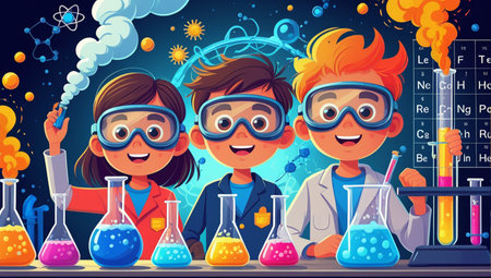 Children scientist working in chemical laboratory. Cartoon vector illustration of kids doing experiments in chemistry class.の素材