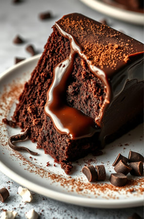 Chocolate cake with chocolate glaze on a plate, closeupの素材