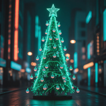 Christmas tree on a city street at night. 3D Renderingの素材