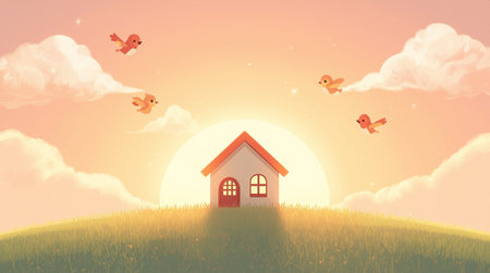 Illustration of a small house on a green meadow at sunsetの素材