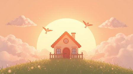 House on green grass with flying seagulls at sunset.の素材