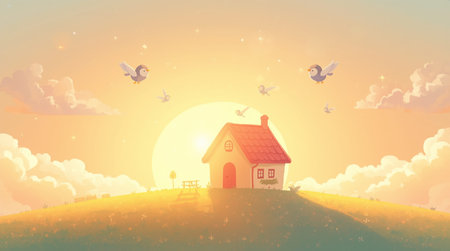 House on a green hill at sunset with flying butterflies. Vector illustration.の素材