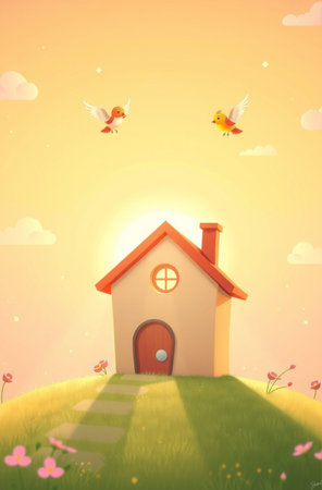 House on a green meadow with flowers and birds, vector illustrationの素材
