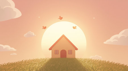 Illustration of a small house on a grassy hill at sunsetの素材