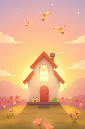 Cute little house on the meadow at sunset. Vector illustration.の素材