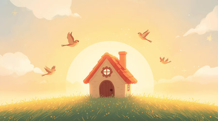 Cute cartoon house in the meadow at sunset. Vector illustration.の素材