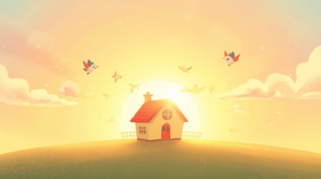 House in the meadow with flying birds and sun. Vector illustration.の素材