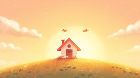 3D illustration of a small house on a meadow at sunsetの素材