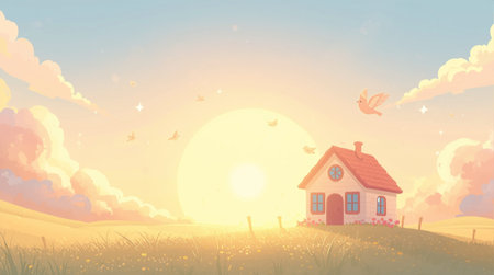 Summer landscape with house on meadow and sunset. Vector illustration.の素材