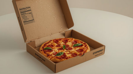 Pizza in a cardboard box on a white table. 3d renderingの素材