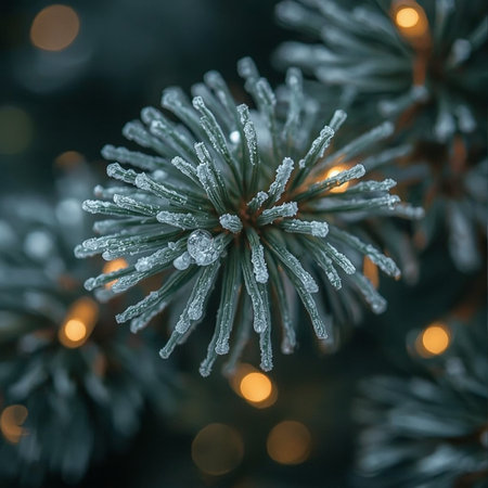 Christmas tree branch with snow and bokeh lights, close upの素材