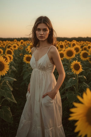 Young beautiful woman in white dress on sunflower field at sunset.の素材