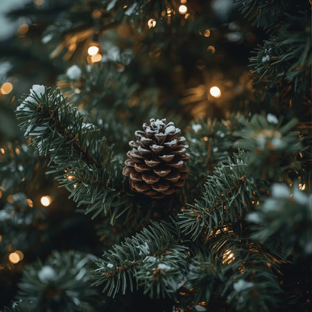 Christmas tree with pine cones and lights. Selective focus. New Year.の素材