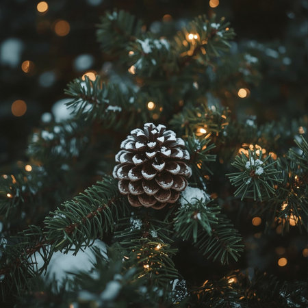 Christmas tree with pine cone and snowflakes. Christmas background.の素材