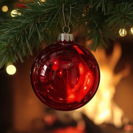 Red Christmas ball hanging on a Christmas tree in front of a fireplaceの素材
