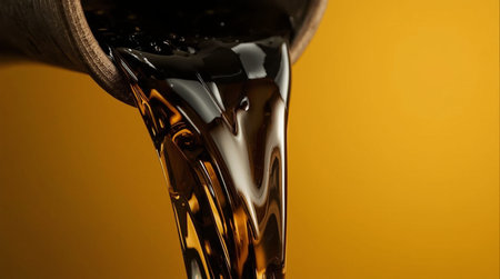 Pouring black olive oil on yellow background, close up view.の素材