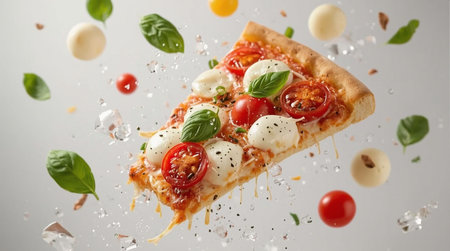 Flying pizza with mozzarella, cherry tomatoes and basil on white backgroundの素材