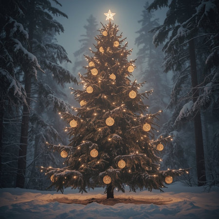 Beautiful Christmas tree in the snowy forest. 3d rendering.の素材