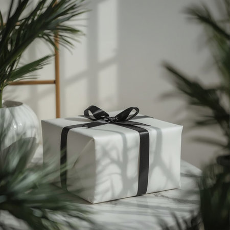 White gift box with black ribbon on white table in living room.の素材