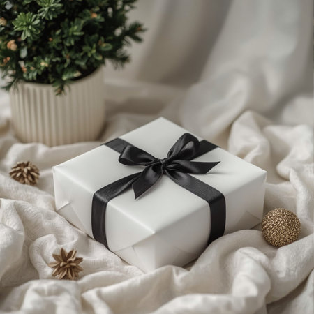 White gift box with black ribbon bow on white bedding. Christmas and New Year background.の素材