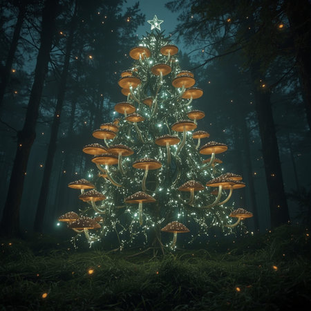 Christmas tree in the forest at night with lights, 3d illustrationの素材