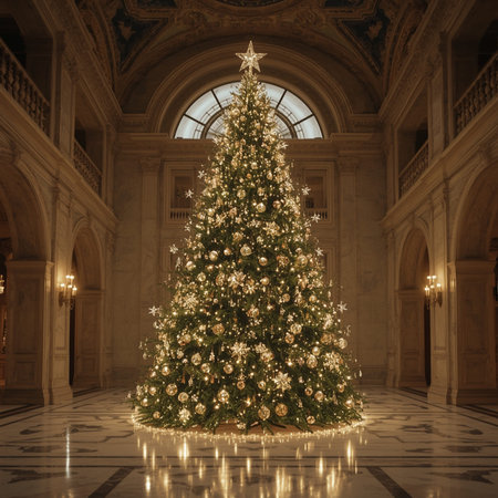 Christmas tree in the interior of the library. 3D rendering.の素材