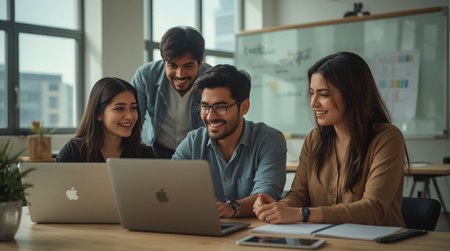 Group of young business people in smart casual wear using laptop computer while working in creative office.の素材