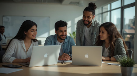Group of happy young business people in smart casual wear using laptop computer while working in creative officeの素材