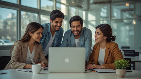 Group of business people working together in office. They are using laptop and smilingの素材
