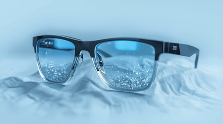Sunglasses with blue lenses on a white background. Selective focus.の素材