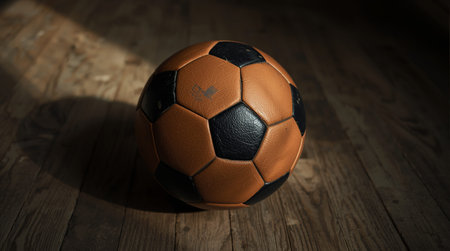 Soccer ball on a wooden floor. 3d render illustration.の素材