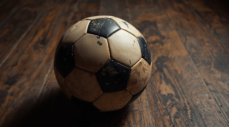 Old soccer ball on a wooden floor with copy space. vintage styleの素材