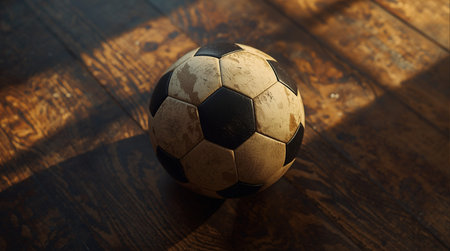 Soccer ball on a wooden floor. Close-up of a soccer ball.の素材