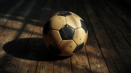 Soccer ball on old wooden background. Vintage style toned pictureの素材