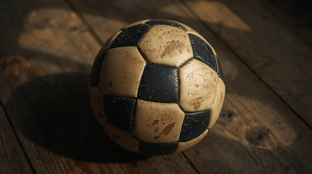 Old soccer ball on a wooden background. Vintage style toned pictureの素材