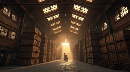 3D rendering of a warehouse with a door and a light beamの素材